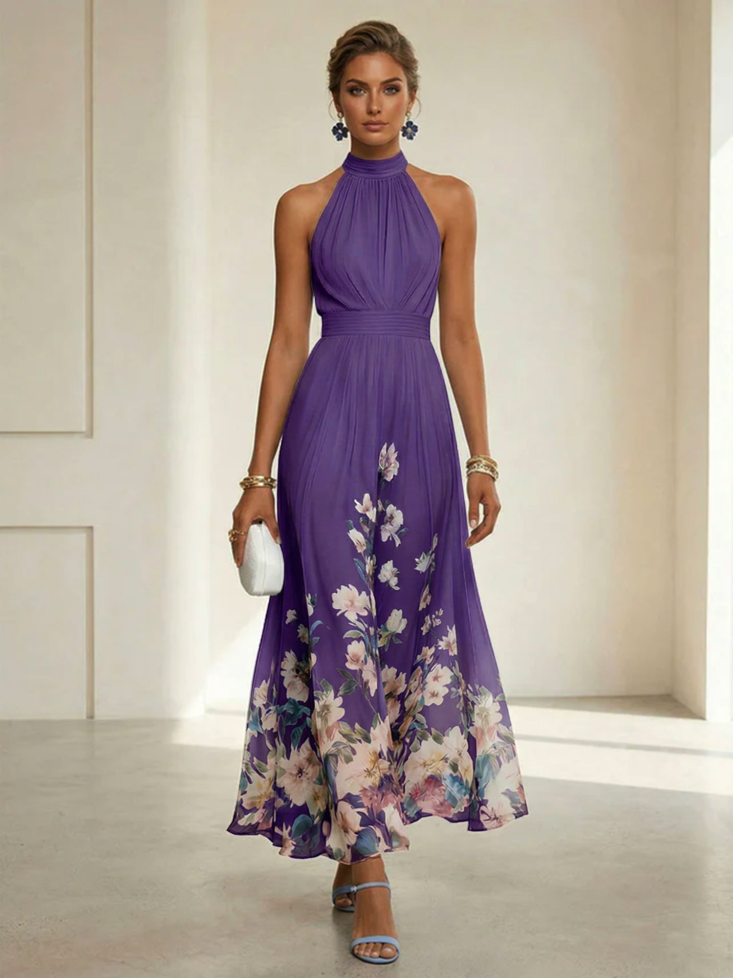 Light Blue Floral Chiffon Halter Sleeveless A-Line Maxi Dress Gown