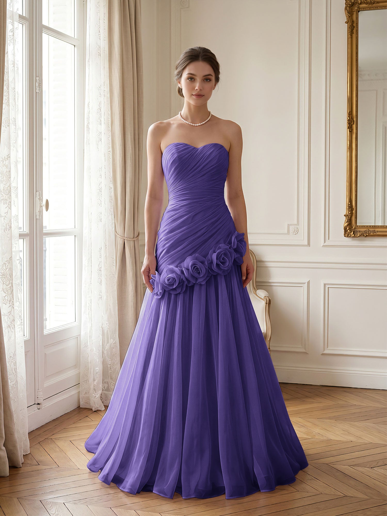 Lilac 3D Rosette Strapless Chiffon Evening Formal Gown Wedding Guest Dress