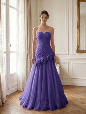 Lilac 3D Rosette Strapless Chiffon Evening Formal Gown Wedding Guest Dress