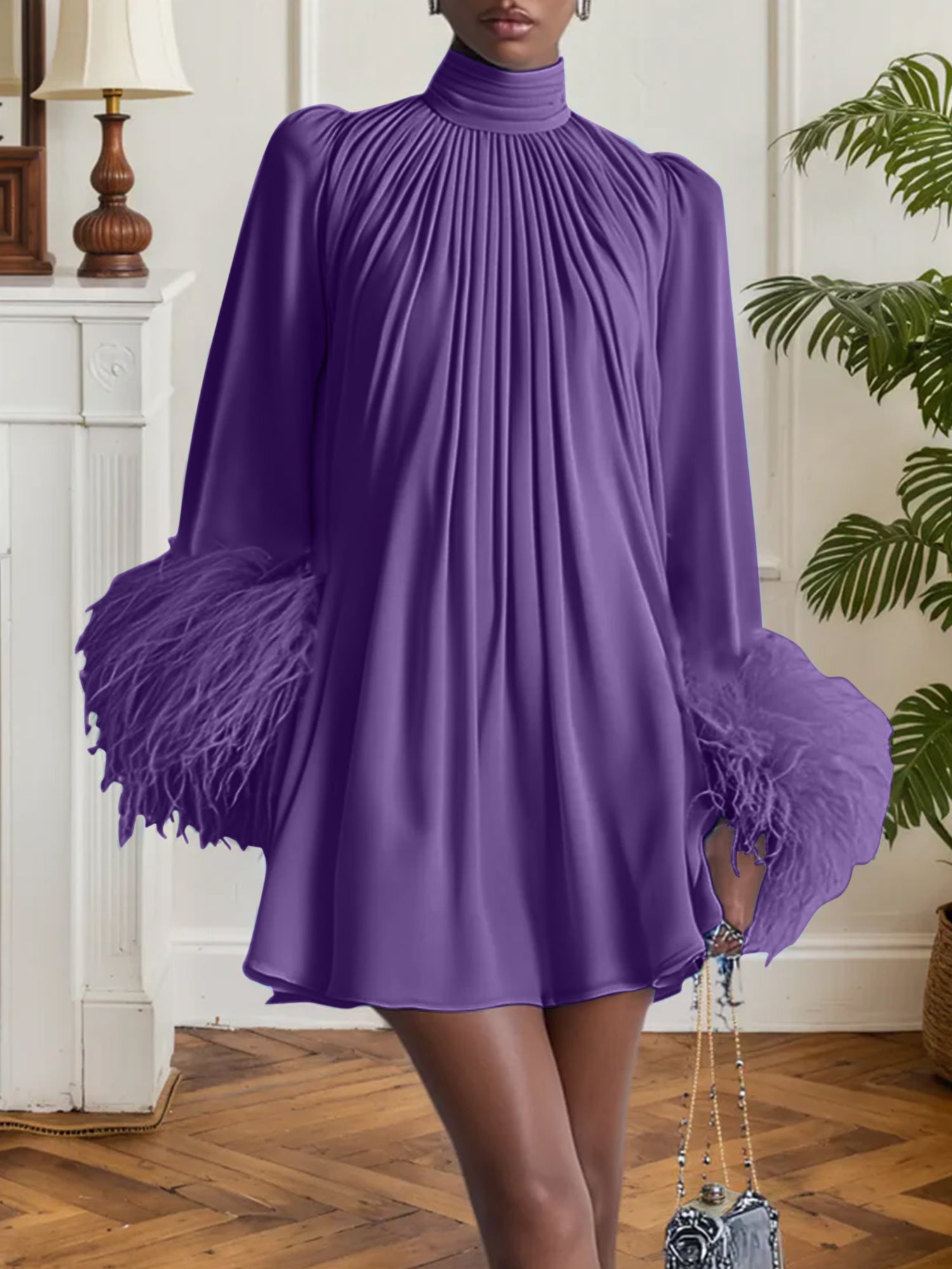 Blue Feather Ruched Chiffon Mock Neck Long Sleeve A-Line Mini Dress