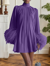Blue Feather Ruched Chiffon Mock Neck Long Sleeve A-Line Mini Dress