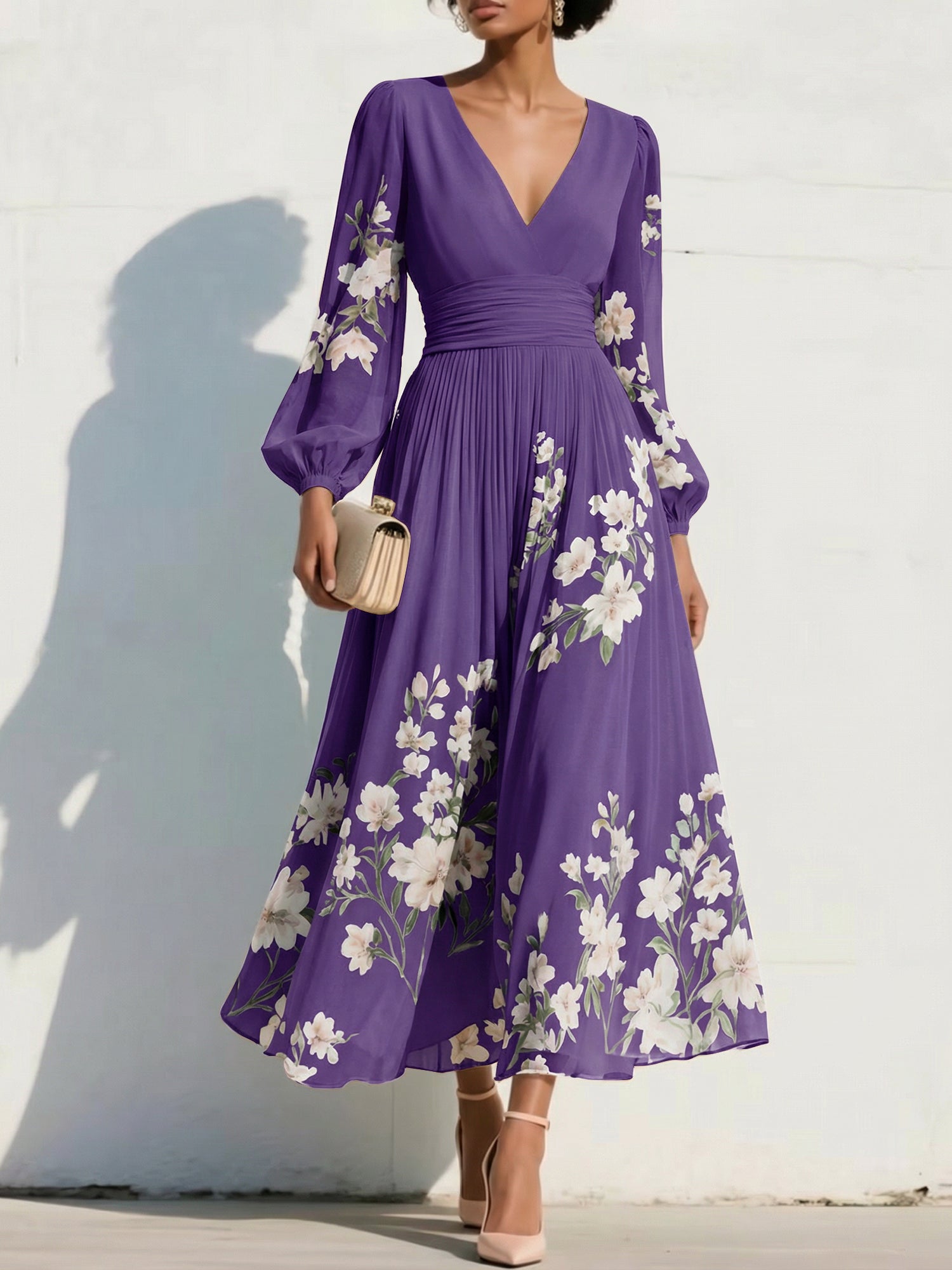 Elegant Floral V-Neck Pleated Midi Dress with Long Sleeves