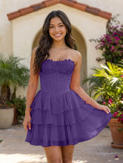Pink Lace Strapless Corset Mini Dress Tiered Chiffon Skirt Lace Up Back Homecoming Dresses