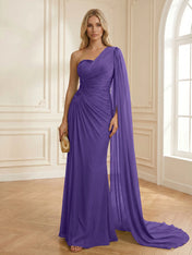 Sage Green One Shoulder Beaded Evening Gown with Cape Sleeve