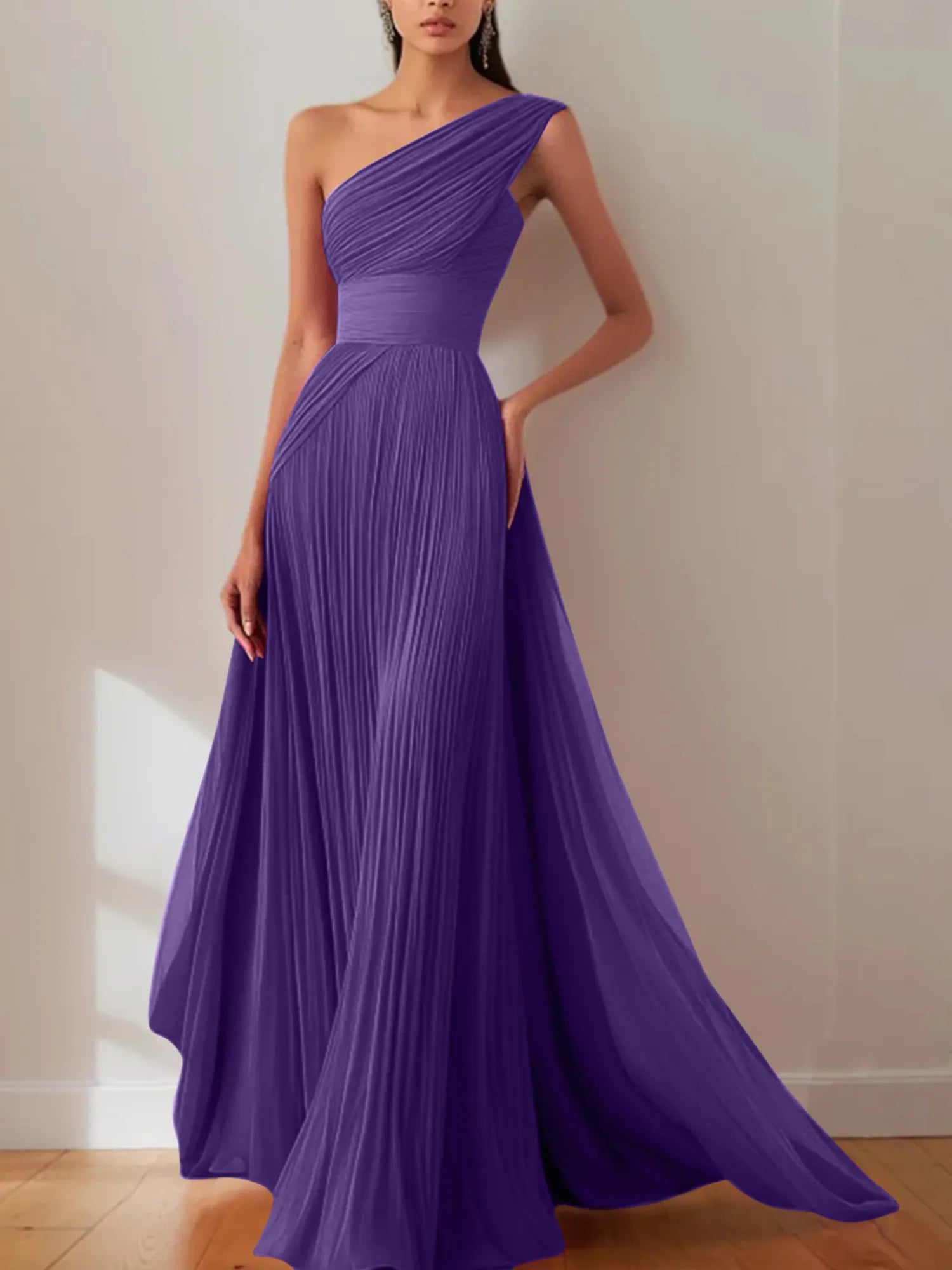 Prom Formal Pleated Dress Rose Color One-Shoulder Maxi Dress