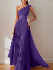 Prom Formal Pleated Dress Rose Color One-Shoulder Maxi Dress