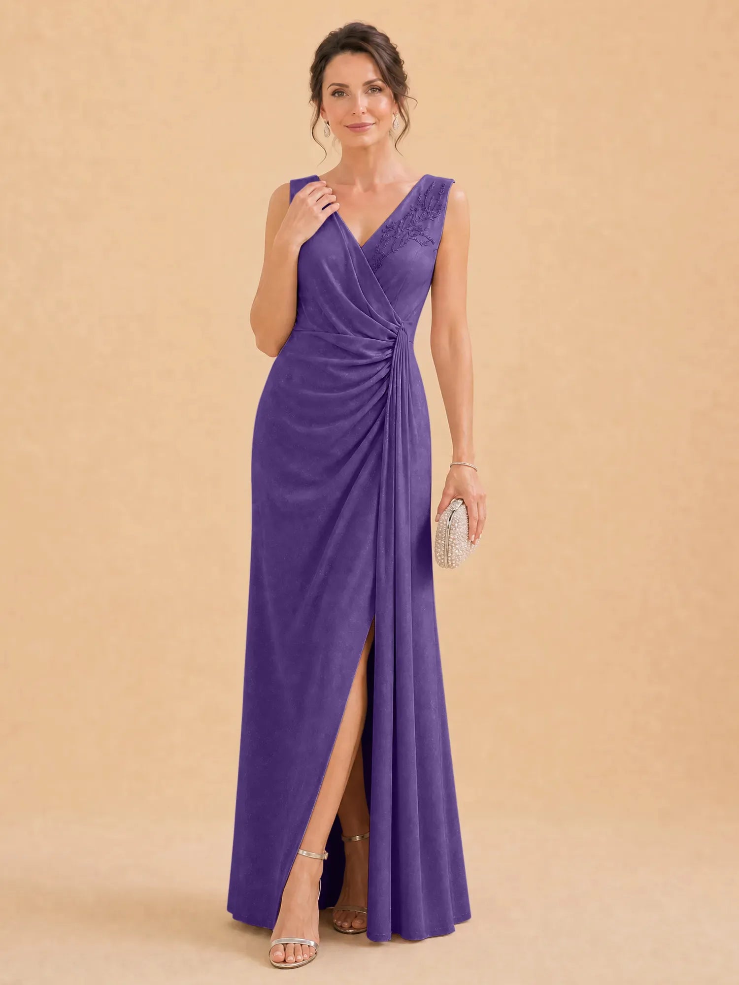 V-Neck Faux-Wrap Evening Gown with Side Draping Mother of The Bride Dresses