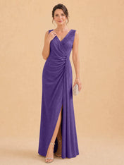 V-Neck Faux-Wrap Evening Gown with Side Draping Mother of The Bride Dresses