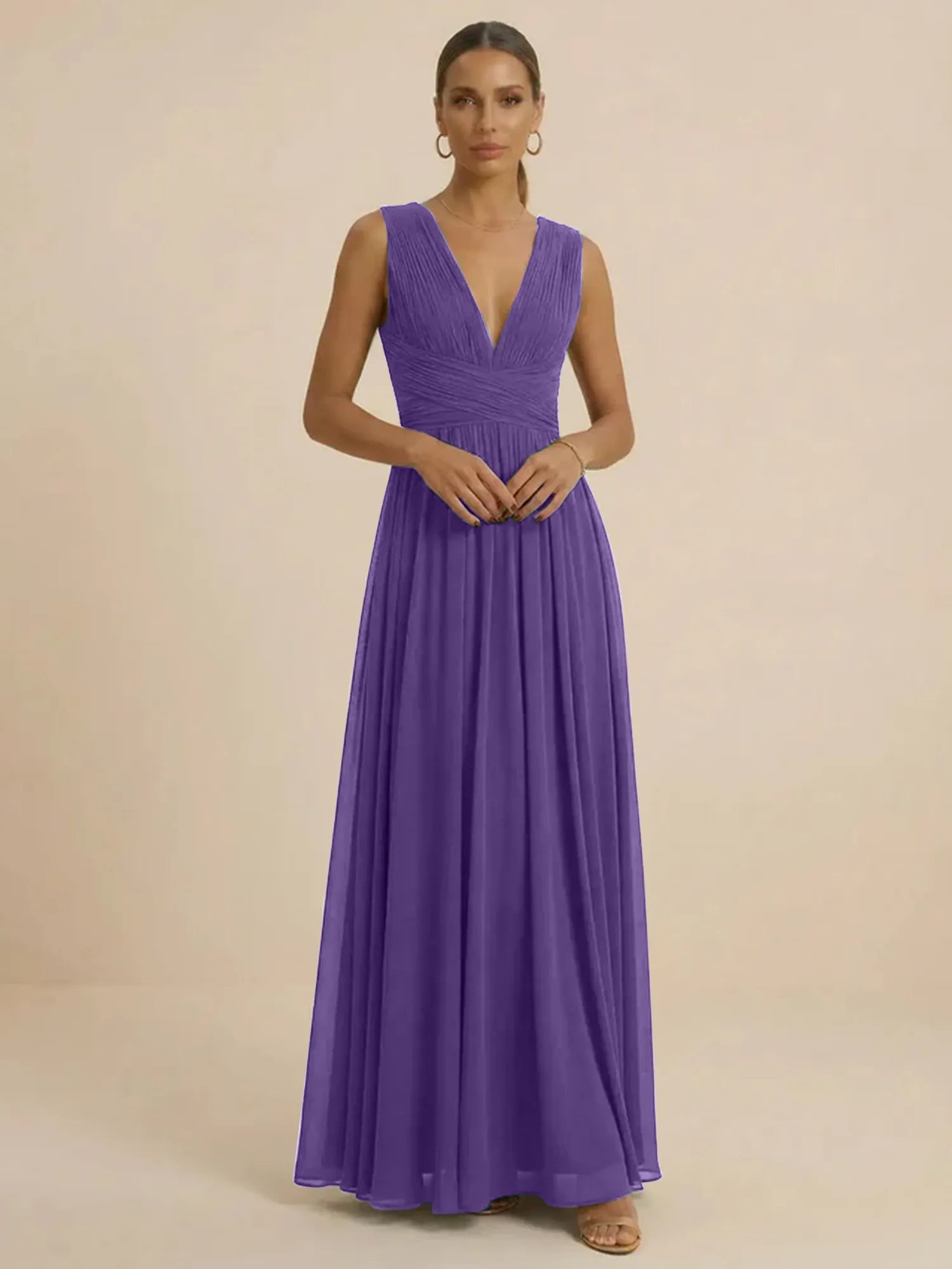 Teal Pleated V-Neck Chiffon Evening Gown with Ruched