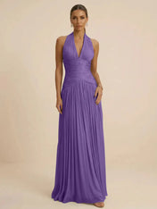 Sage Green Halter Neck Pleated Chiffon Evening Gown with Ruched