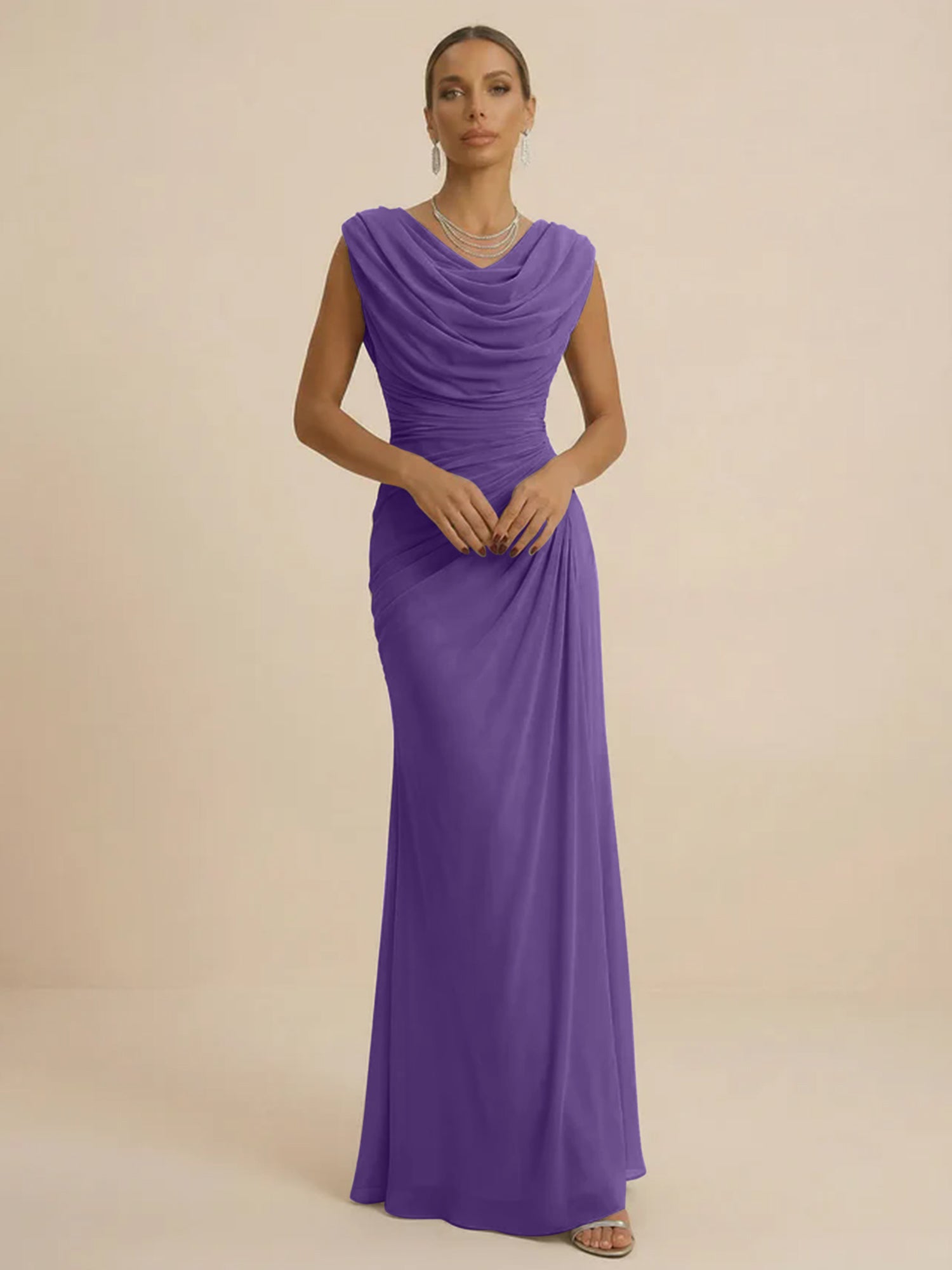 Dusty Grey Draped Cowl Neck Ruched Chiffon Evening Dresses
