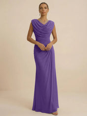 Dusty Grey Draped Cowl Neck Ruched Chiffon Evening Dresses