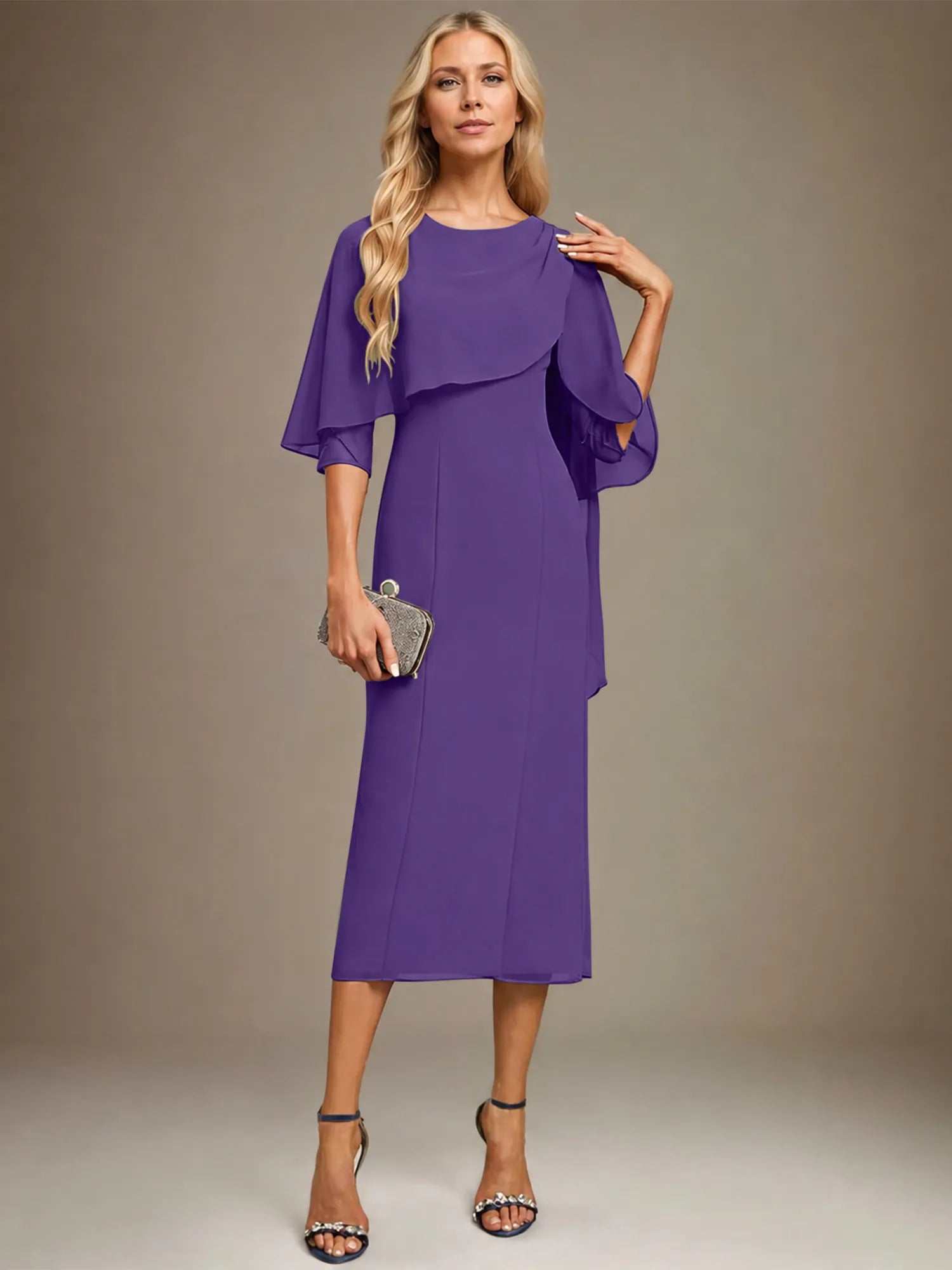 Sheath/Column Scoop Tea Length Chiffon Dress With Pleated Beading