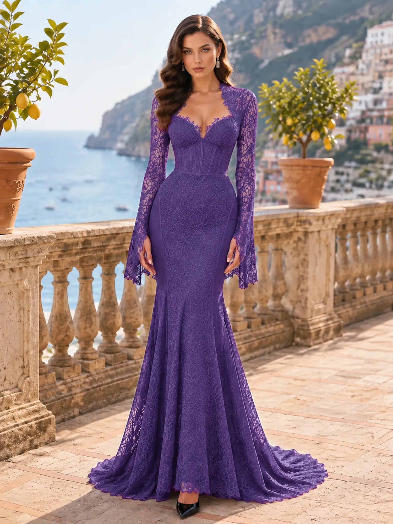 Long-Sleeve Lace-Trimmed Mermaid Evening Dress