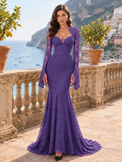 Long-Sleeve Lace-Trimmed Mermaid Evening Dress