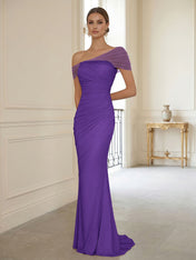 Sophisticated Blush Pink Asymmetrical Ruched Maxi Dress Evening Gown