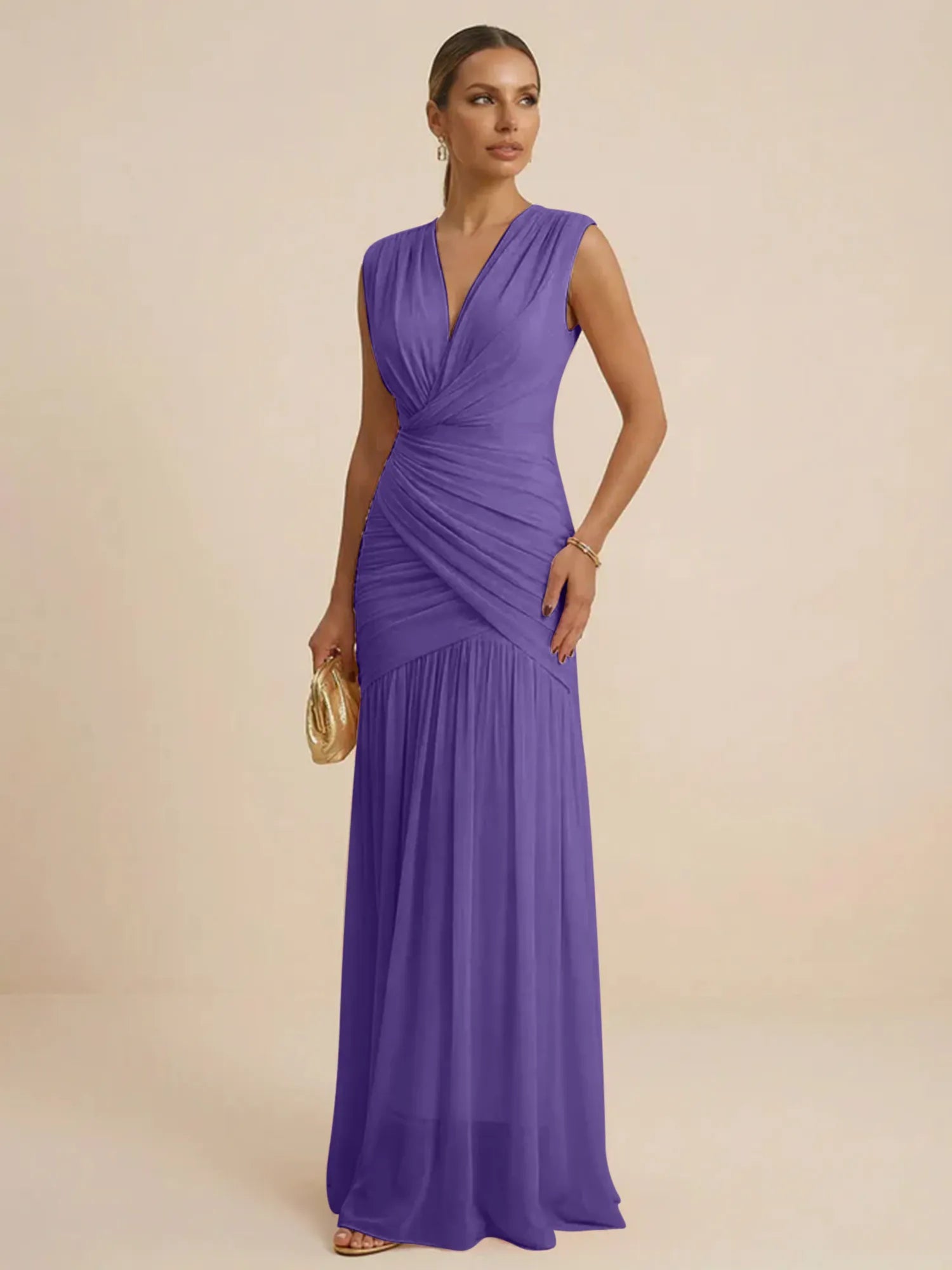 Pink Regular Straps V Neck Chiffon Pleat Mermaid Maxi Dress
