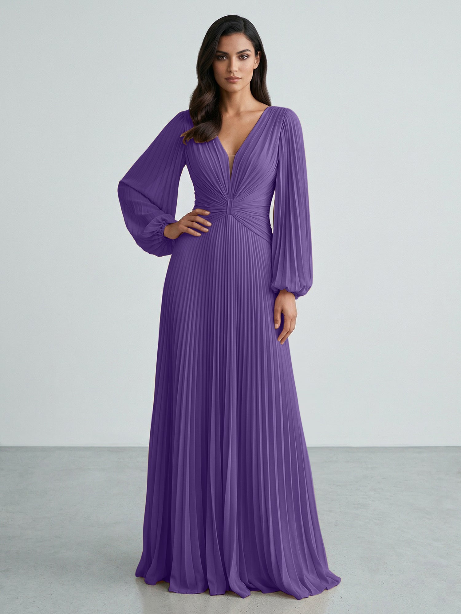 Slate Blue Plunging V-Neck Pleated Long Sleeve Maxi Dress Gown