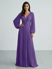 Slate Blue Plunging V-Neck Pleated Long Sleeve Maxi Dress Gown