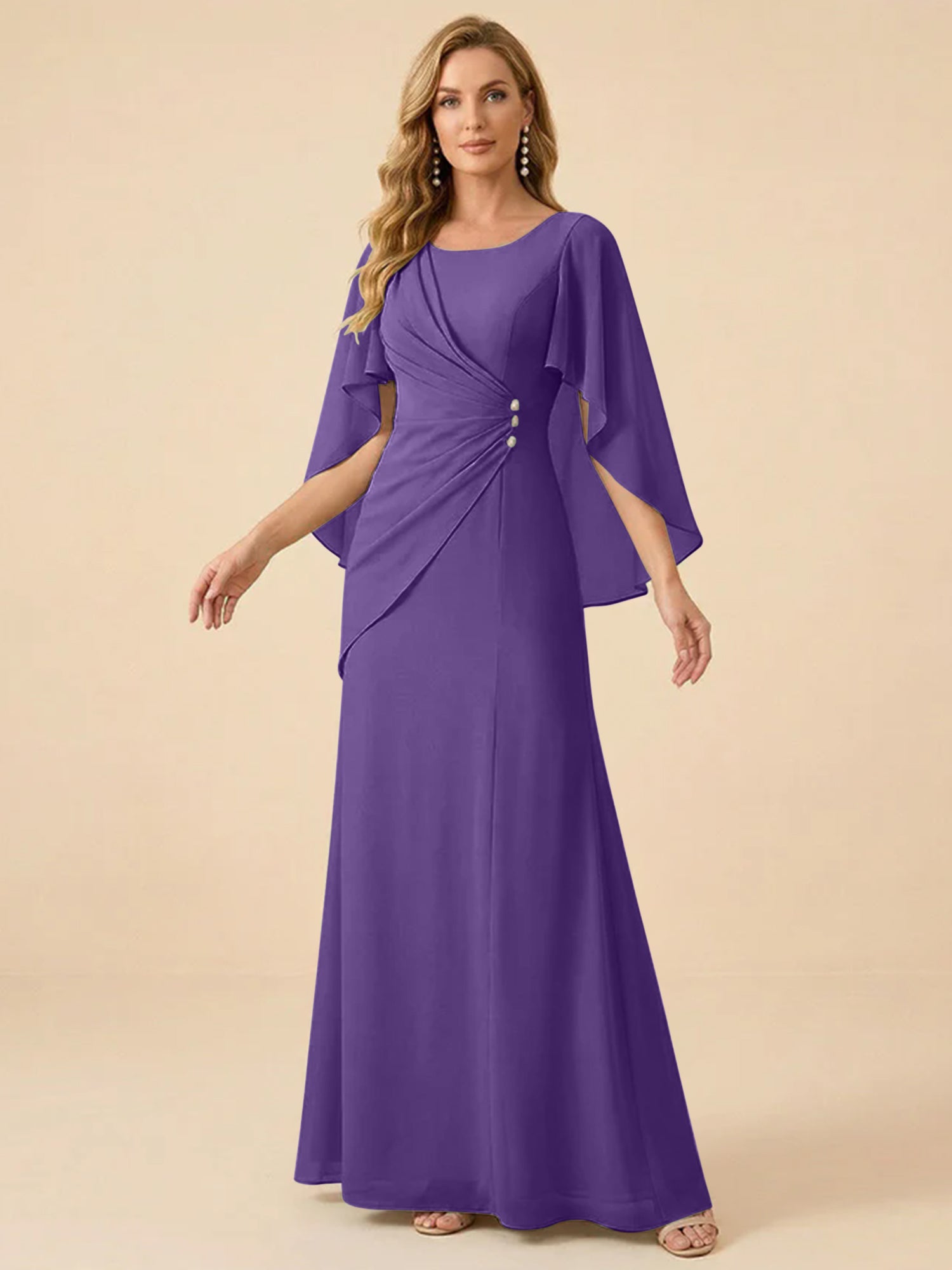 Sage Green Chiffon Beaded Mother of the Bride Dress with Cape Sleeves