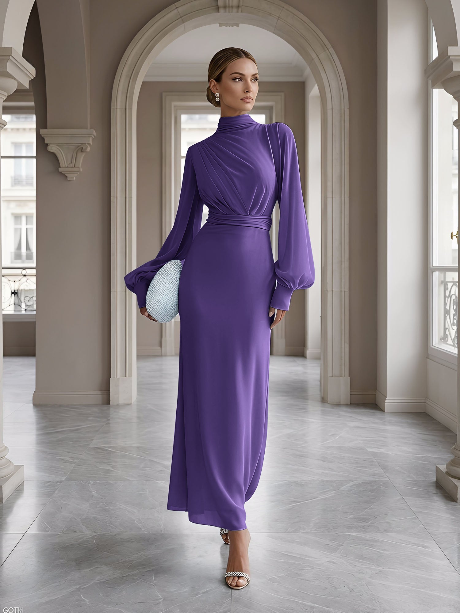 Ice Blue High-Neck Bishop Sleeve Gown Foraml Evening Dress