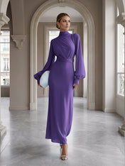 Ice Blue High-Neck Bishop Sleeve Gown Foraml Evening Dress
