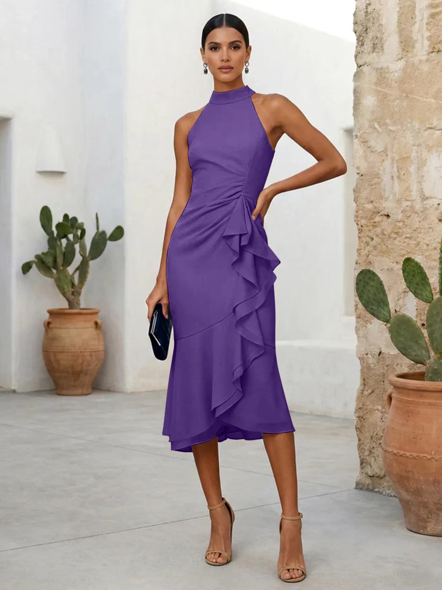 Pink High Neck Chiffon Mermaid Tea Length Evening Dress with Ruffle