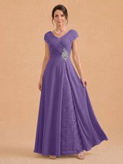 V-Neck Ruched Chiffon A-Line Mother of the Bride Dress with Crystal Brooch