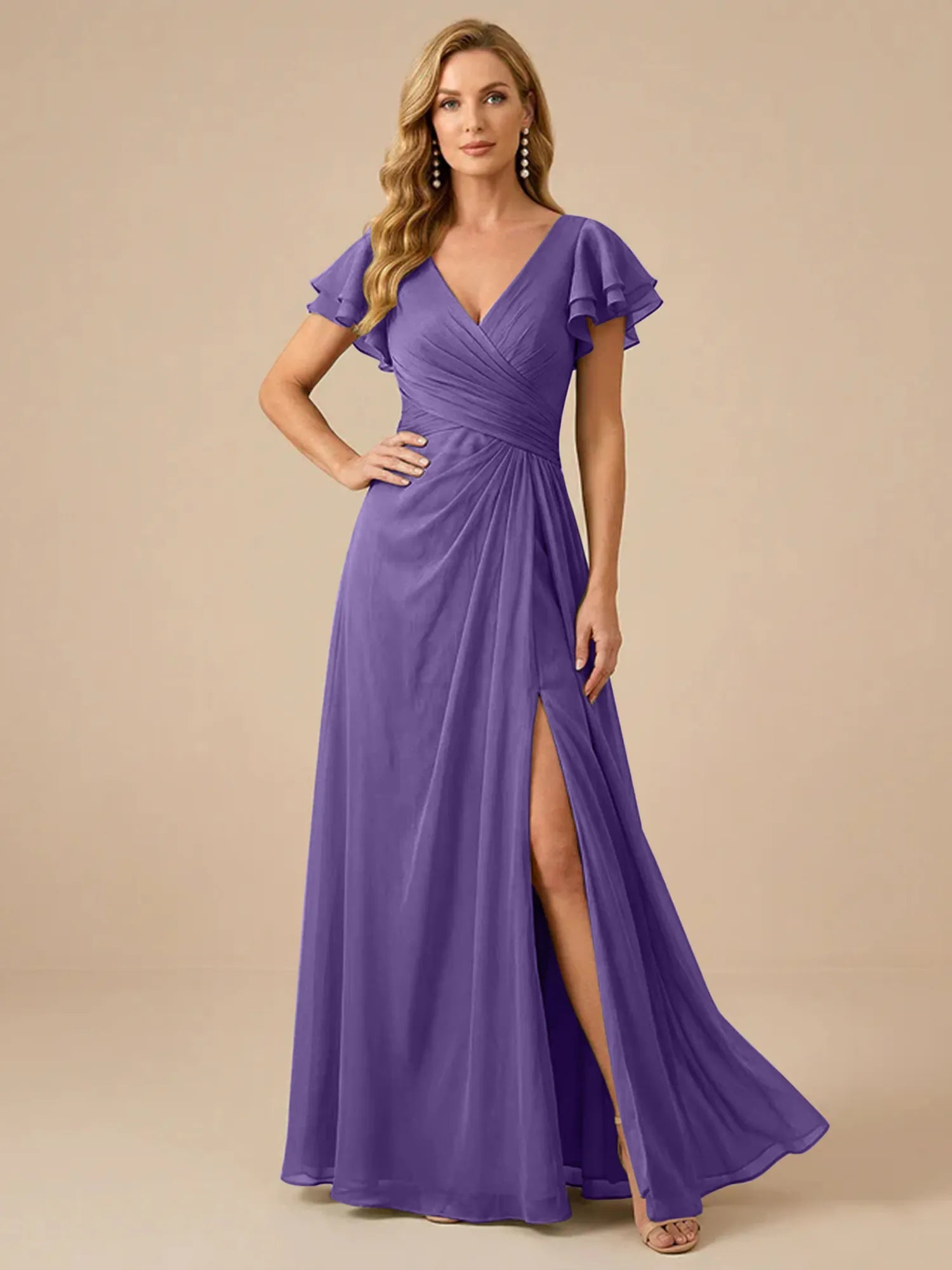 Sage Green V-Neck High-Slit Pleated Chiffon Dress