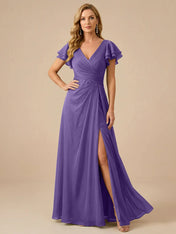 Sage Green V-Neck High-Slit Pleated Chiffon Dress