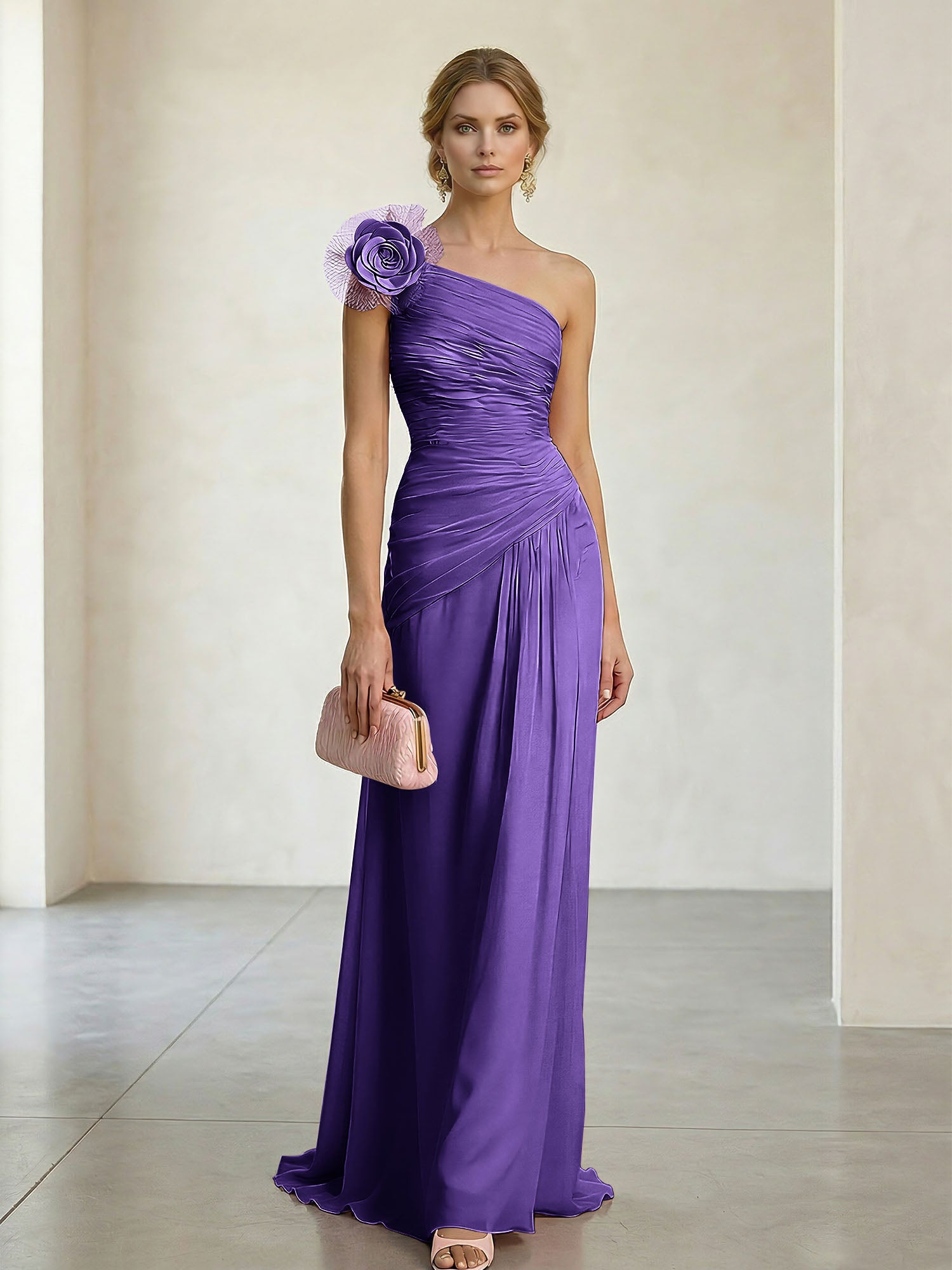 Blush Pink One-Shoulder Ruched 3D Floral Gown Dress