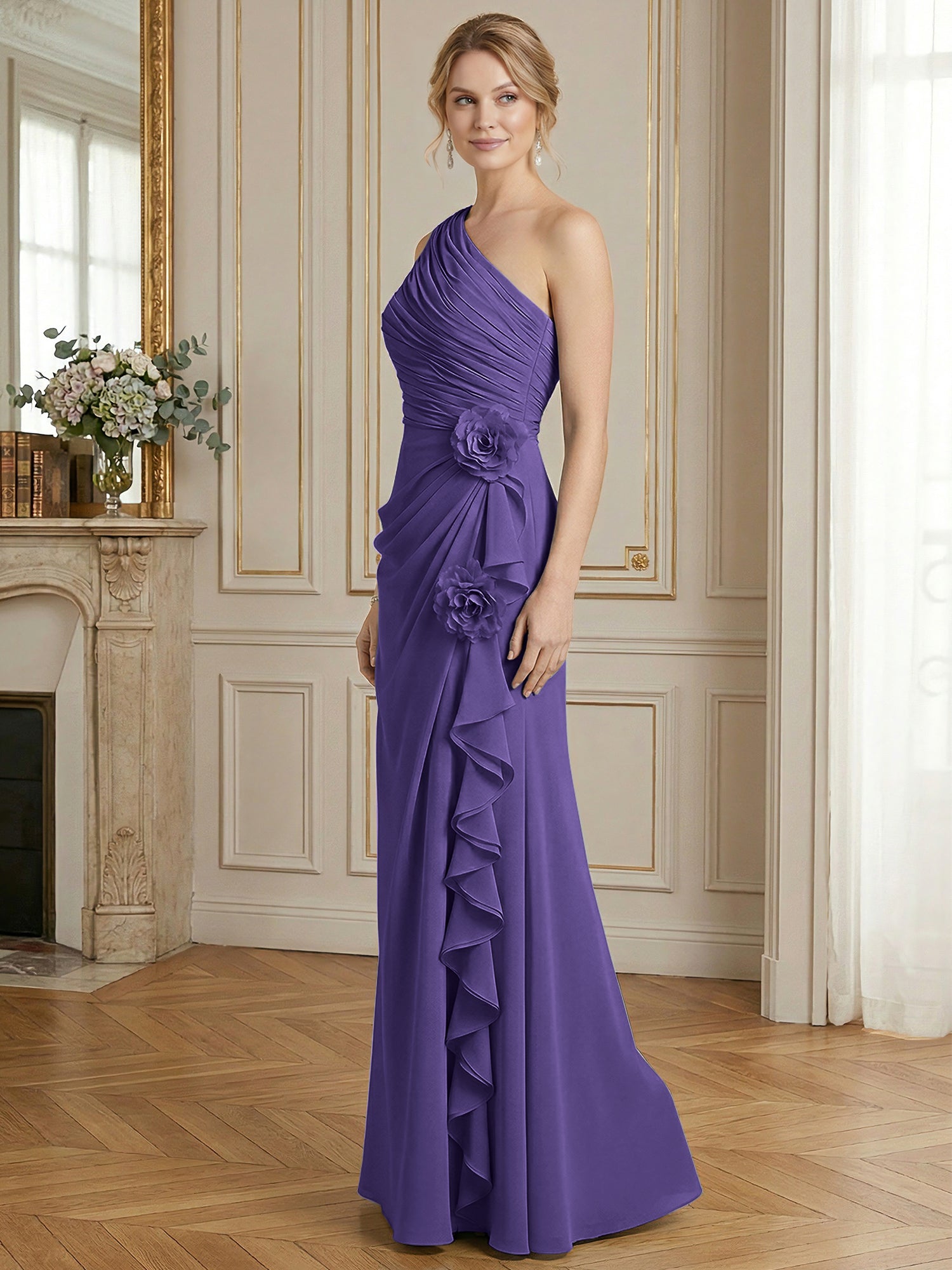 Dusty Blue One-Shoulder Ruched Floral Maxi Dress Gown