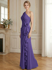 Dusty Blue One-Shoulder Ruched Floral Maxi Dress Gown