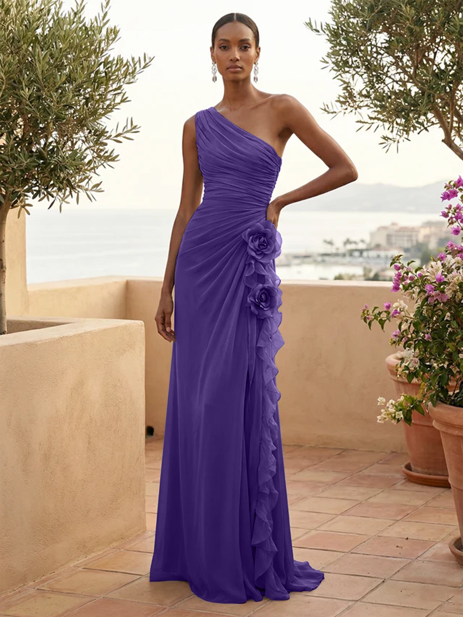 One Shoulder Pleat Mermaid A Line Ruffle Evening Dresses