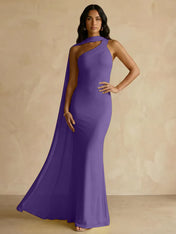 Yellow One-Shoulder Crepe Sheath Gown with Flowing Chiffon Cape Train