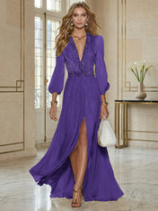 Elegant Beige Chiffon V-neck With Rhinestone Embellishments And A Side Slit Maxi Dress