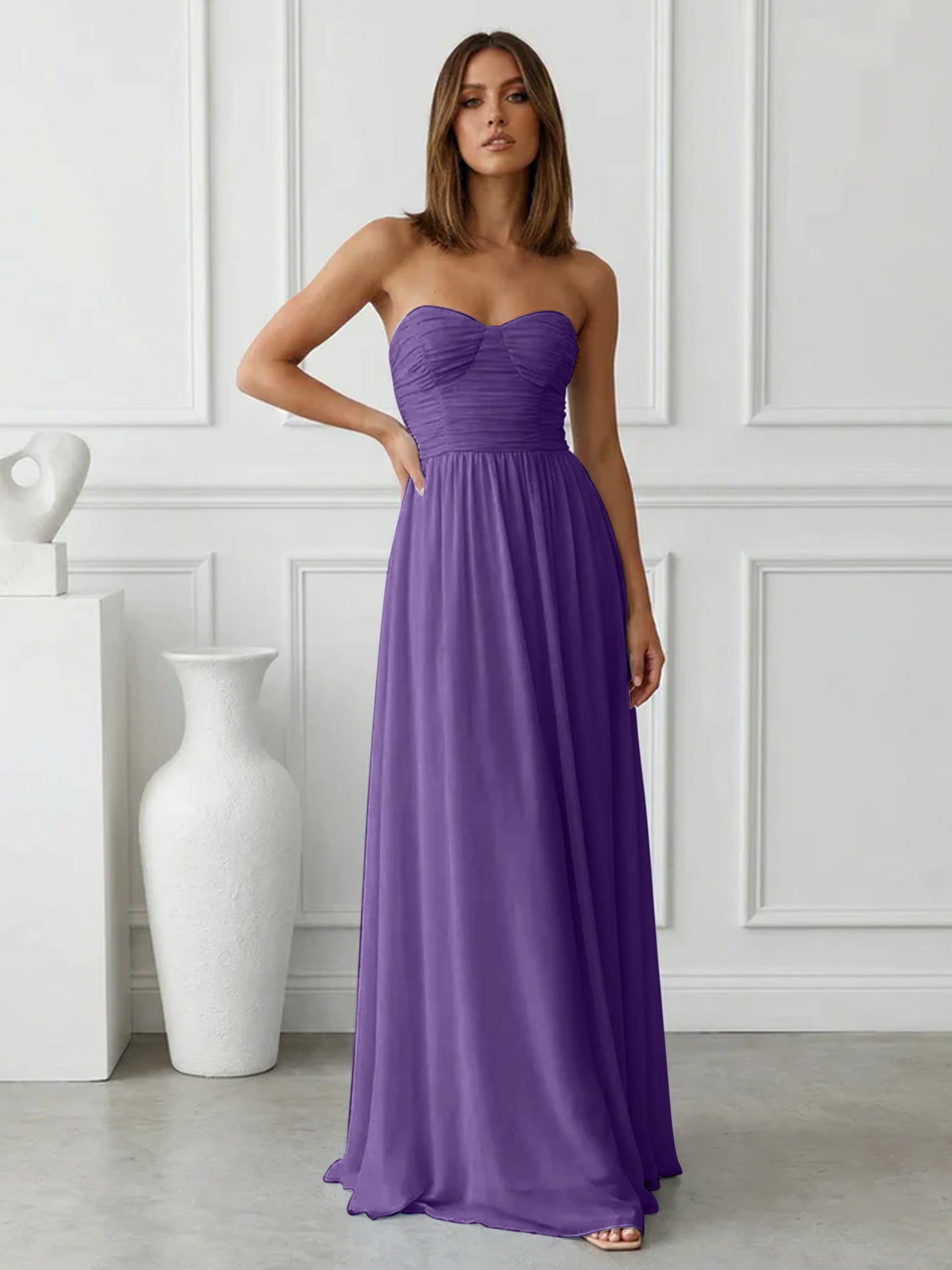 Light Blue Sweetheart Chiffon A Line Maxi Dress with Pleat