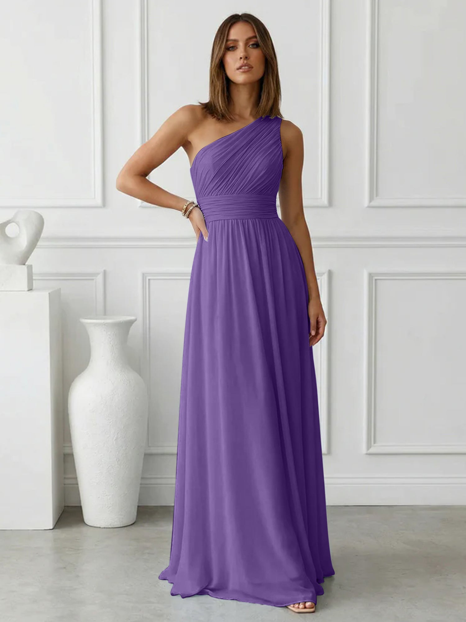 Timeless Light Blue One-Shoulder Maxi Dress Ruched Chiffon Gown