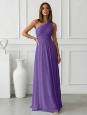 Timeless Light Blue One-Shoulder Maxi Dress Ruched Chiffon Gown