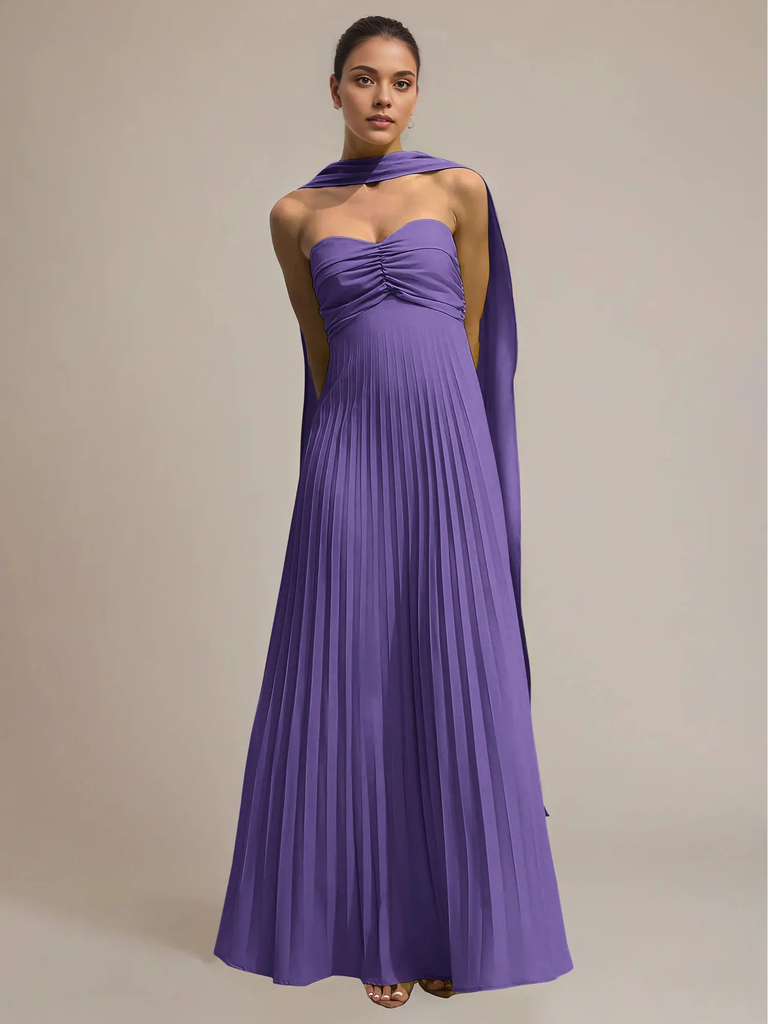 Green Chiffon A Line Off The Shoulder Sleeveless Floor Length Pleated Dress