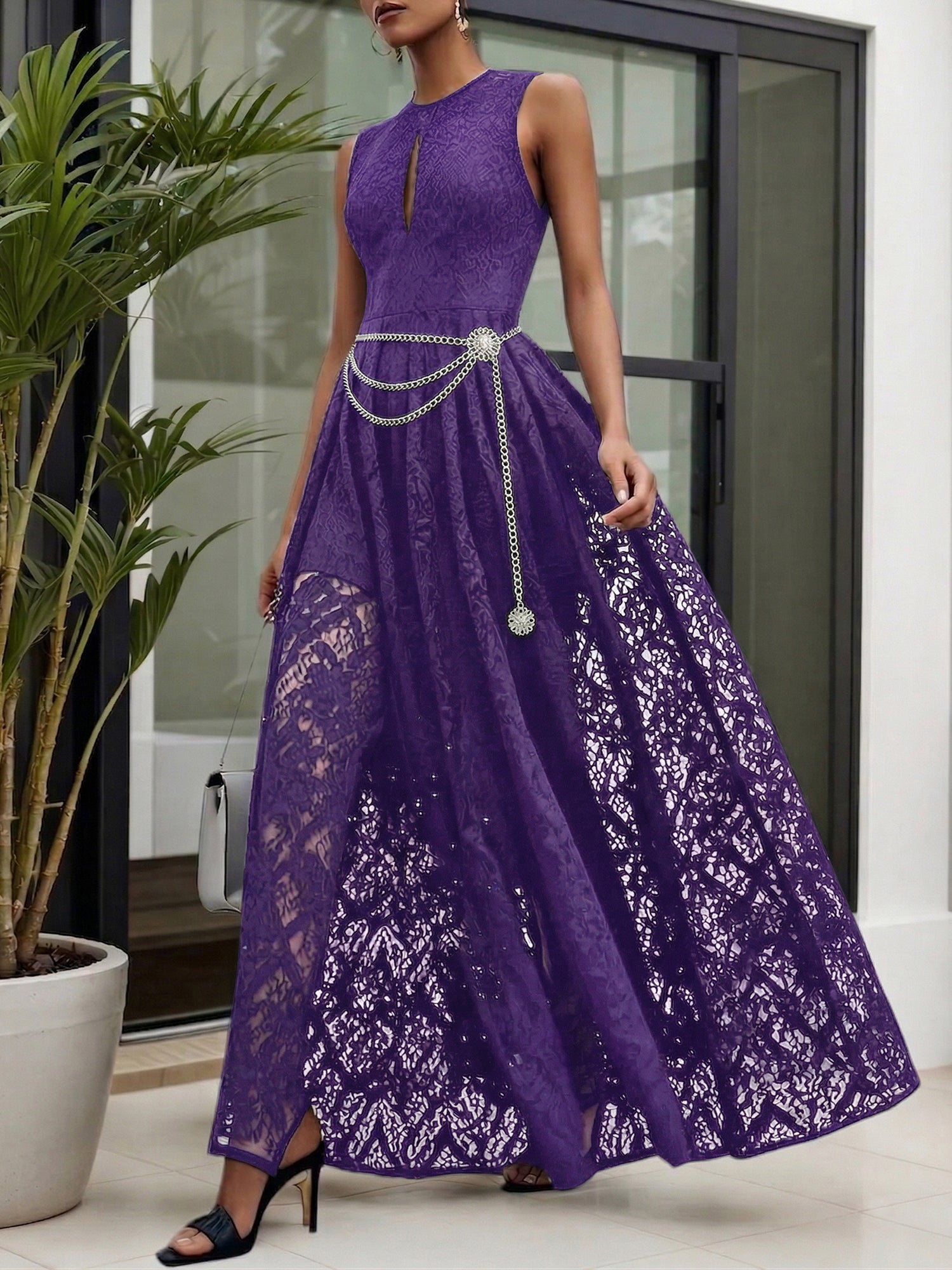 Midnight Black Lace Hollow Out Crew Neck Sleeveless A-Line Maxi Dress