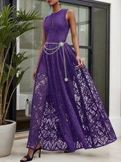Midnight Black Lace Hollow Out Crew Neck Sleeveless A-Line Maxi Dress