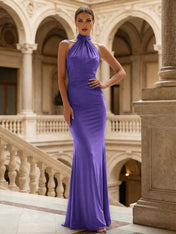 Navy Blue Halter Neck Maxi Dresses Mermaid Evening Dress