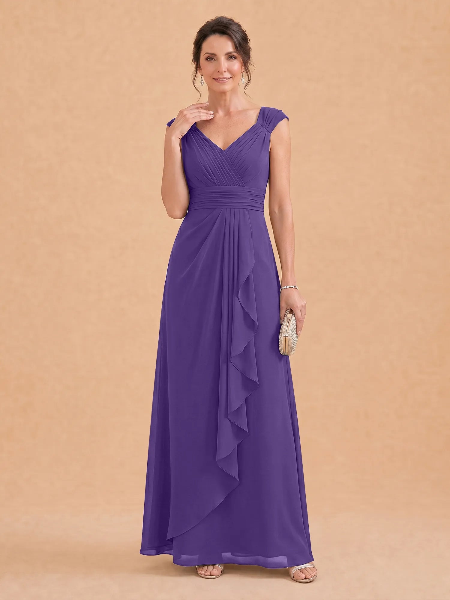V-Neck Ruched Chiffon A-Line Mother of the Bride Dress with Cascading Ruffle