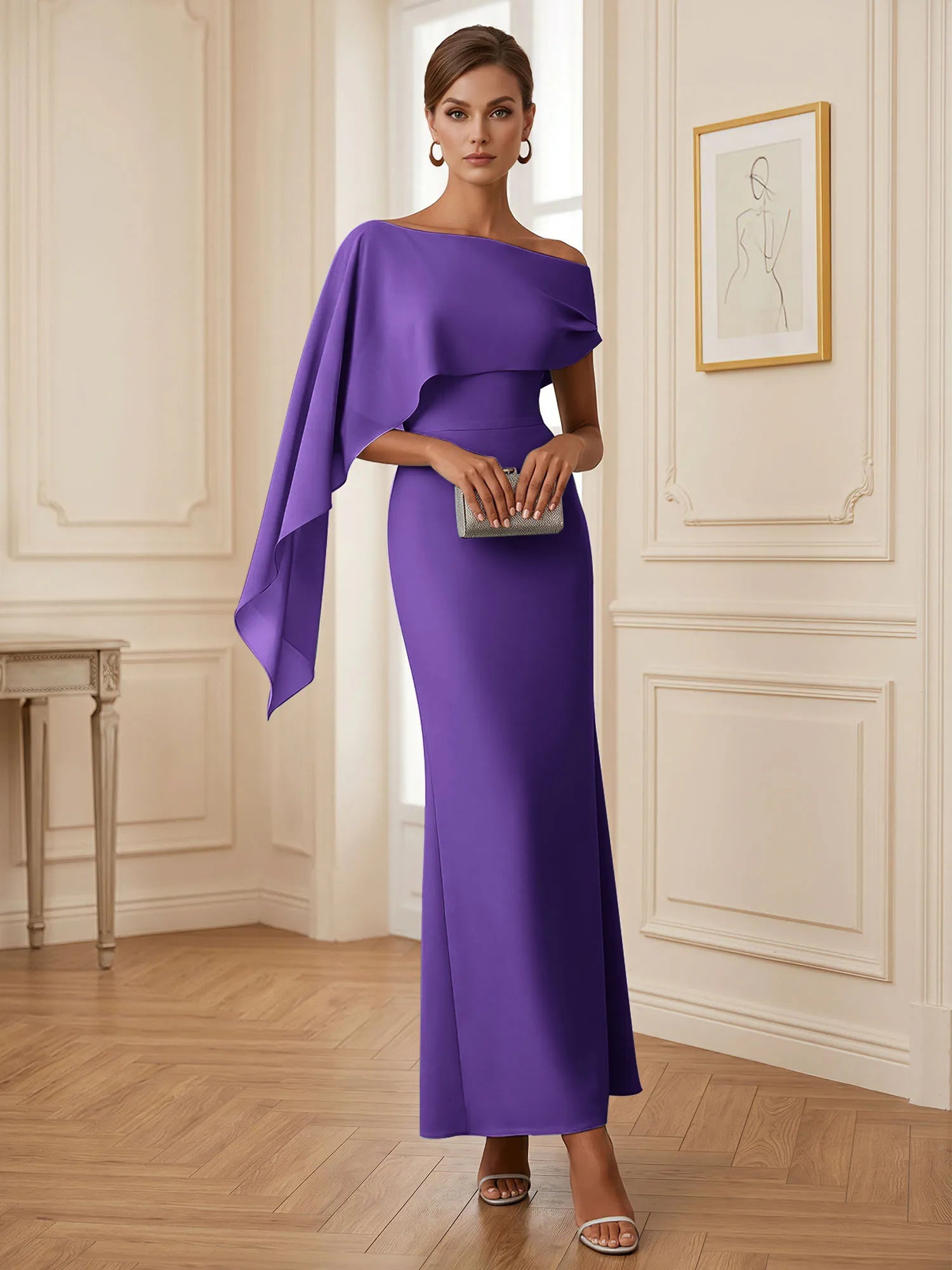Elegant Mint Green One-Shoulder Chiffon Mermaid Formal Evening Dress with Cape and Ruffles