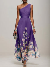 Light Blue Floral Chiffon One Shoulder Sleeveless A-Line Maxi Dress Gown