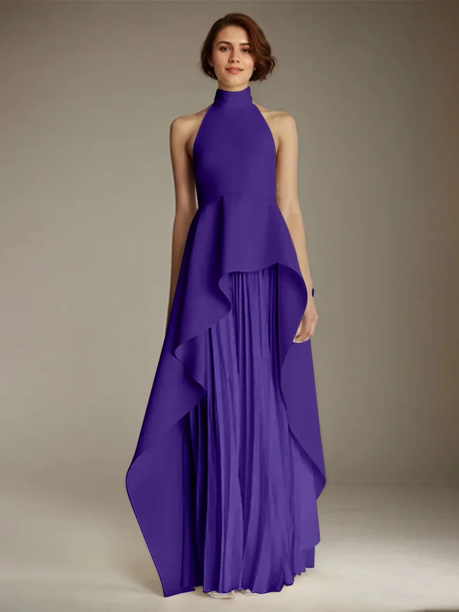 White Sleeveless High Neck Chiffon Long Formal Dress With Ruffles