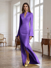 Yellow Long Bell Sleeve Mermaid Evening Gown with Asymmetric V-Neck Formal Dresses