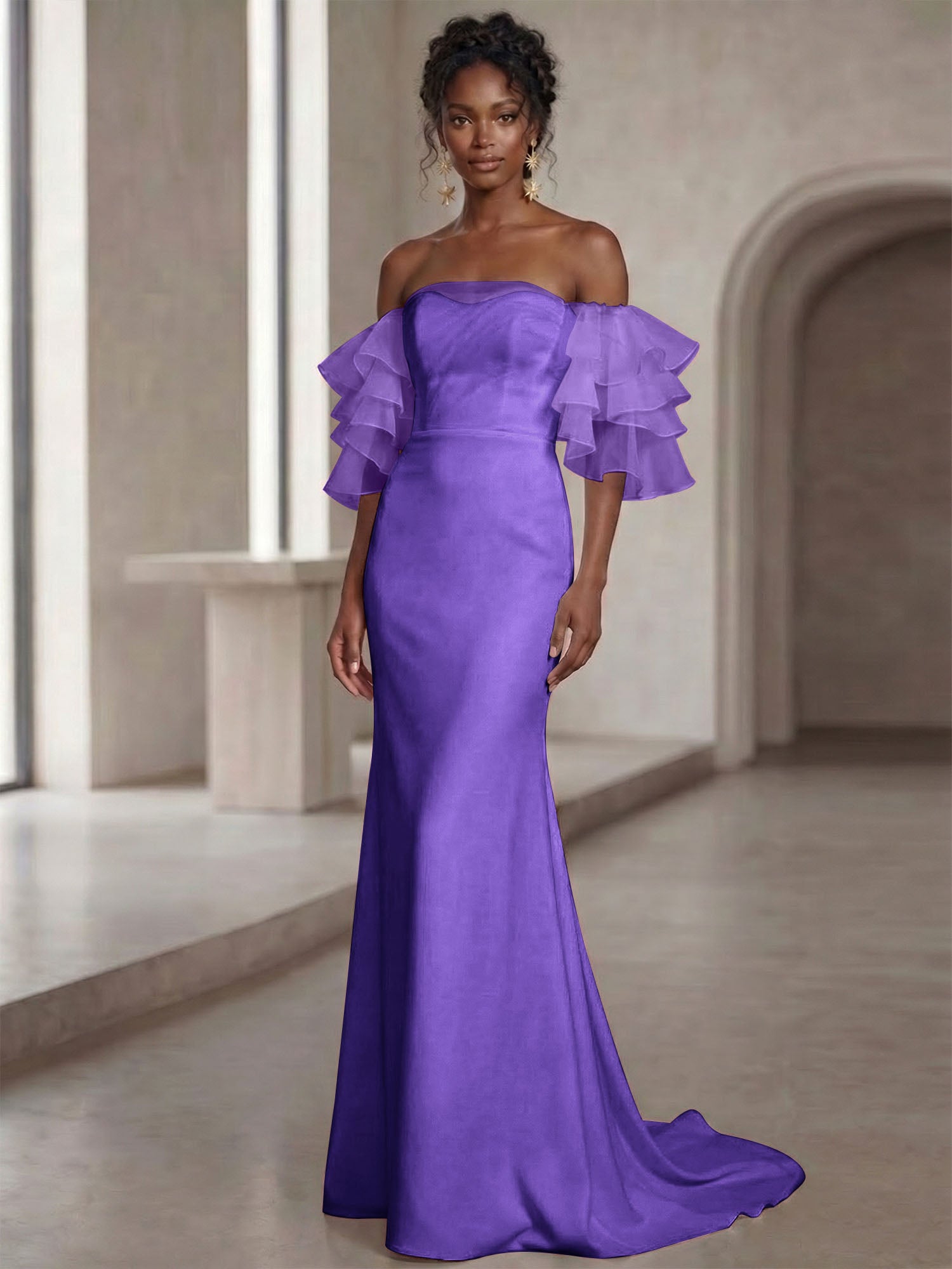 White Mermaid Off the Shoulder Ruffled Long Wedding Reception Dress