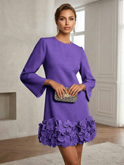 Powder Blue 3D Floral Classic Crew Neck Bell Long Sleeve Shift Mini Dress